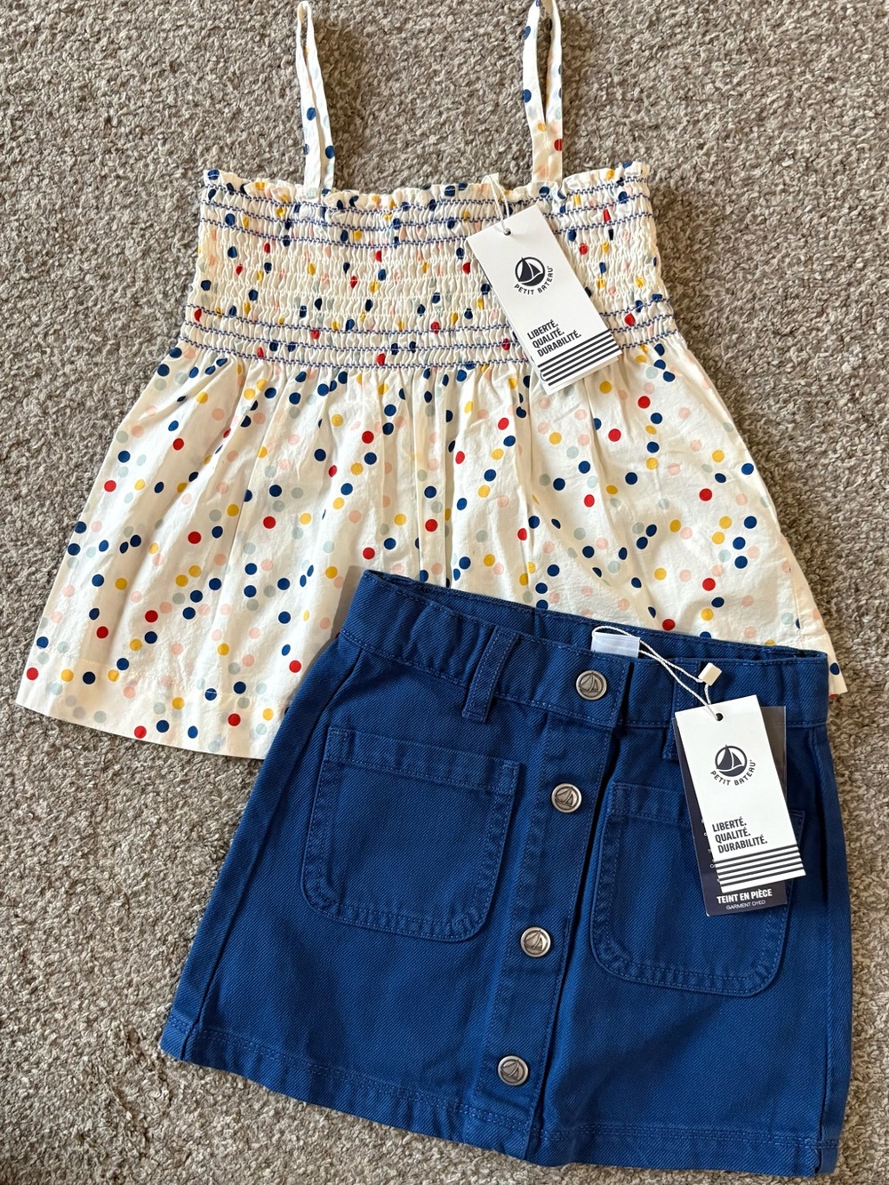 Petit Bateau Navy Button-Front Girls' Skirt with Cream Polka-Dot Top